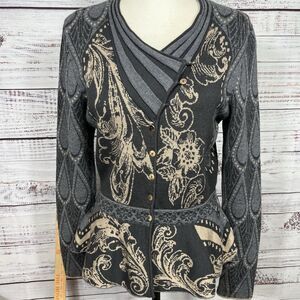 Ivko Woman Wool Jacket Cardigan Size 42 EU Large Pleats Peplum Floral Brocade